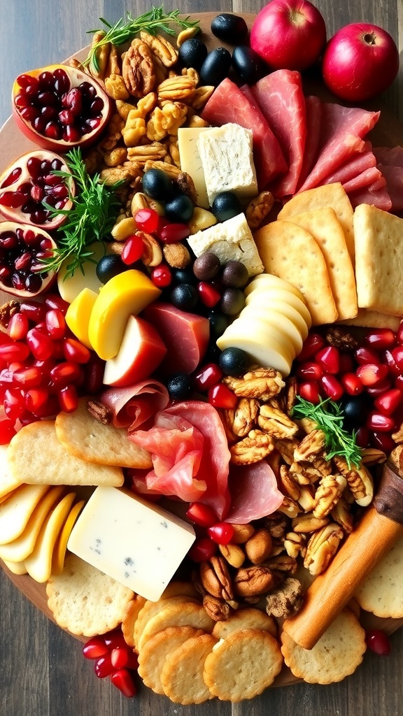 A festive charcuterie board with meats, cheeses, fruits, nuts, and pomegranate seeds, perfect for Christmas celebrations.